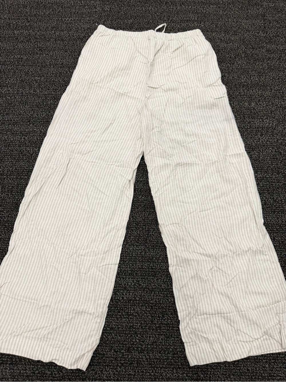 Women's Wide-Leg Drawstring Linen-Blend Pants in Light Gray Stripe - Picture 2 of 5